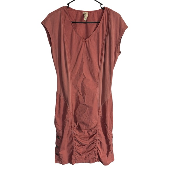 XCVI Dresses & Skirts - XCVI V Neck Capsleeve Ruched Dress Bottom Button Detail Cotton Rust Red Small